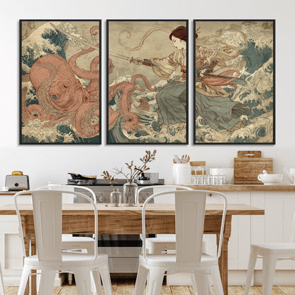54879547-MGV-FC-60X30-3P_Black-Tsukioka Yoshitoshi Samurai Wall Art Print, Japanese Katana Warrior Canvas Wall Art, Octopus Sea Monster Canvas Print,