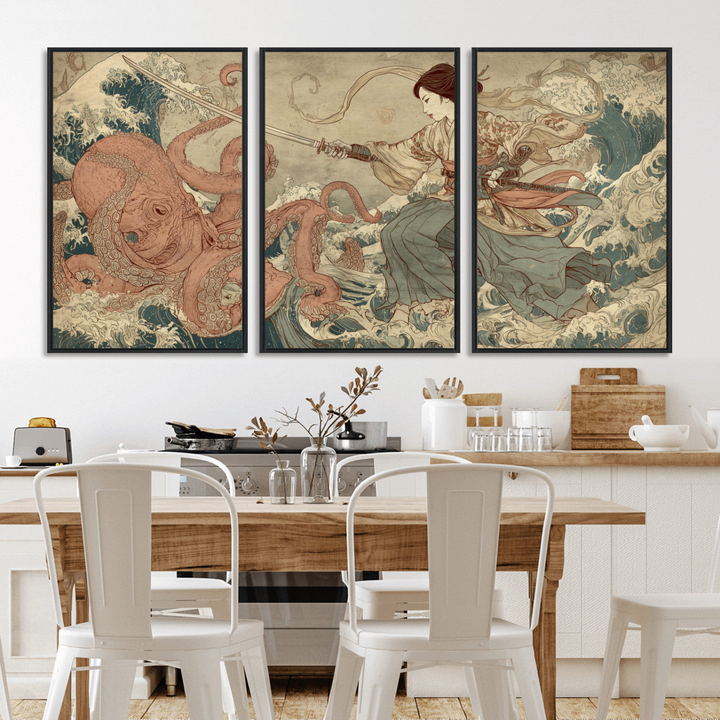 54879547-MGV-CV-36X24-Samurai Woman Wall Art – Japanese Ukiyo-e Style Canvas Print with Katana and Octopus, Traditional Asian Inspired Battle Artwork