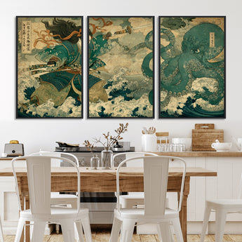 24416422-MGV-FC-60X30-3P_Black-Tsukioka Yoshitoshi Samurai Wall Art Print, Japanese Katana Warrior Canvas Wall Art, Octopus Sea Monster Canvas Print,