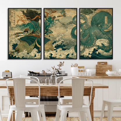 24416422-MGV-FC-60X30-3P_Black-Tsukioka Yoshitoshi Samurai Wall Art Print, Japanese Katana Warrior Canvas Wall Art, Octopus Sea Monster Canvas Print,