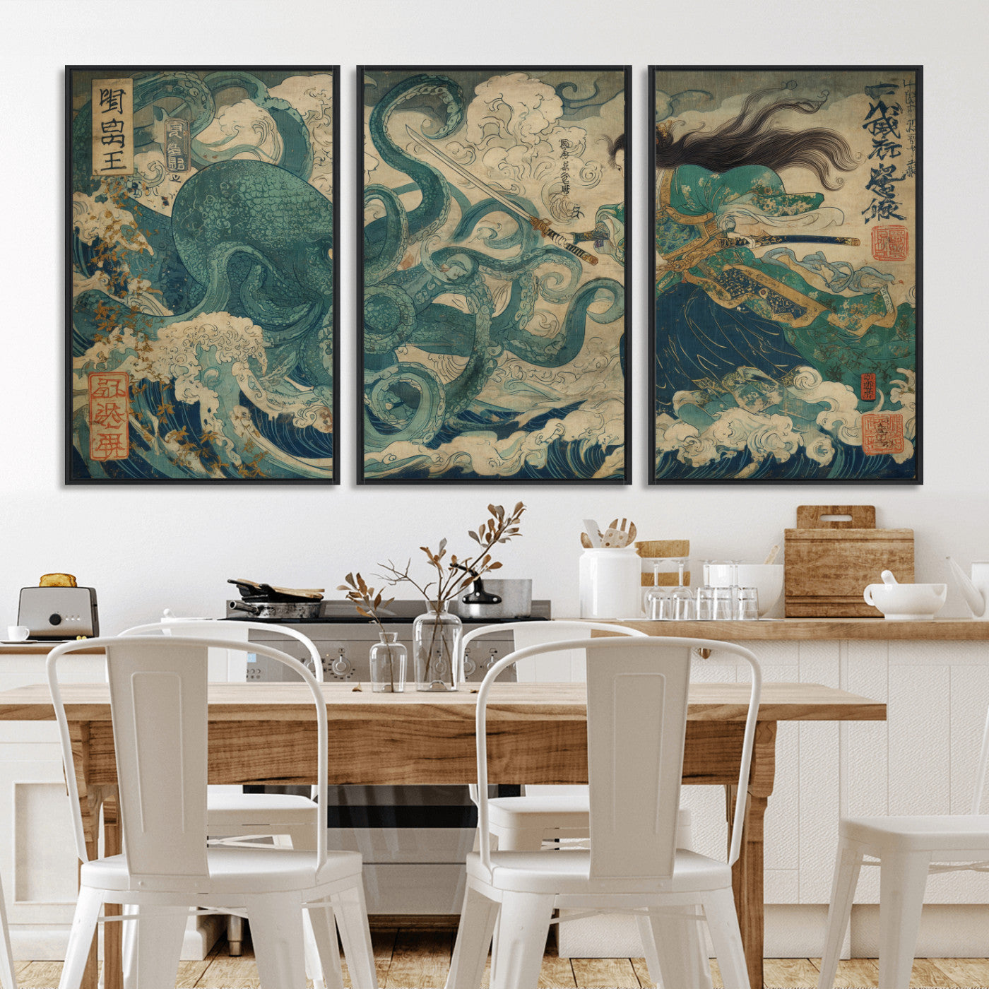 60346622-MGV-CV-36X24-Samurai Warrior vs Octopus Wall Art – Japanese Ukiyo-e Style Ocean Battle Canvas Print, Traditional Samurai Artwork for Living