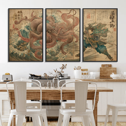 63782167-MGV-FC-60X30-3P_Black-Tsukioka Yoshitoshi Samurai Wall Art Print, Japanese Katana Warrior Canvas Wall Art, Octopus Sea Monster Canvas Print,