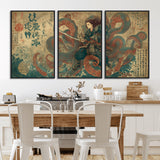 98593115-MGV-CV-36X24-Samurai Warrior vs Octopus Wall Art – Japanese Ukiyo-e Calligraphy Canvas Print, Ocean Battle Scene Artwork for Living Room,