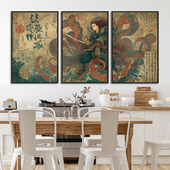 98593115-MGV-CV-36X24-Samurai Warrior vs Octopus Wall Art – Japanese Ukiyo-e Calligraphy Canvas Print, Ocean Battle Scene Artwork for Living Room,