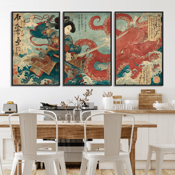 68844327-MGV-FC-60X30-3P_Black-Tsukioka Yoshitoshi Samurai Wall Art Print, Japanese Katana Warrior Canvas Wall Art, Octopus Sea Monster Canvas Print,