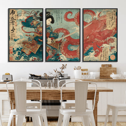 68844327-MGV-FC-60X30-3P_Black-Tsukioka Yoshitoshi Samurai Wall Art Print, Japanese Katana Warrior Canvas Wall Art, Octopus Sea Monster Canvas Print,