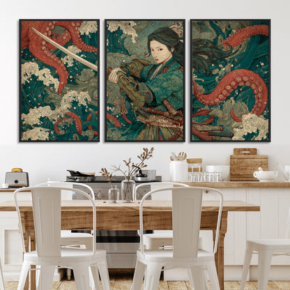 35461724-MGV-CV-36X24-Samurai Woman vs Octopus Wall Art – Japanese Ukiyo-e Ocean Waves Canvas Print, Red Tentacle Battle Artwork for Living Room,