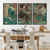 91666601-MGV-CV-36X24-Samurai Woman vs Octopus Wall Art – Japanese Ukiyo-e Green Robe Canvas Print, Ocean Battle Artwork for Living Room, Office, Man