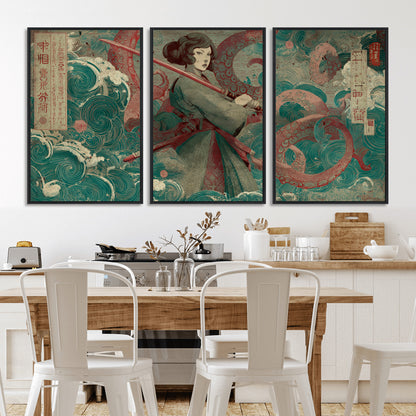 91666601-MGV-CV-36X24-Samurai Woman vs Octopus Wall Art – Japanese Ukiyo-e Green Robe Canvas Print, Ocean Battle Artwork for Living Room, Office, Man
