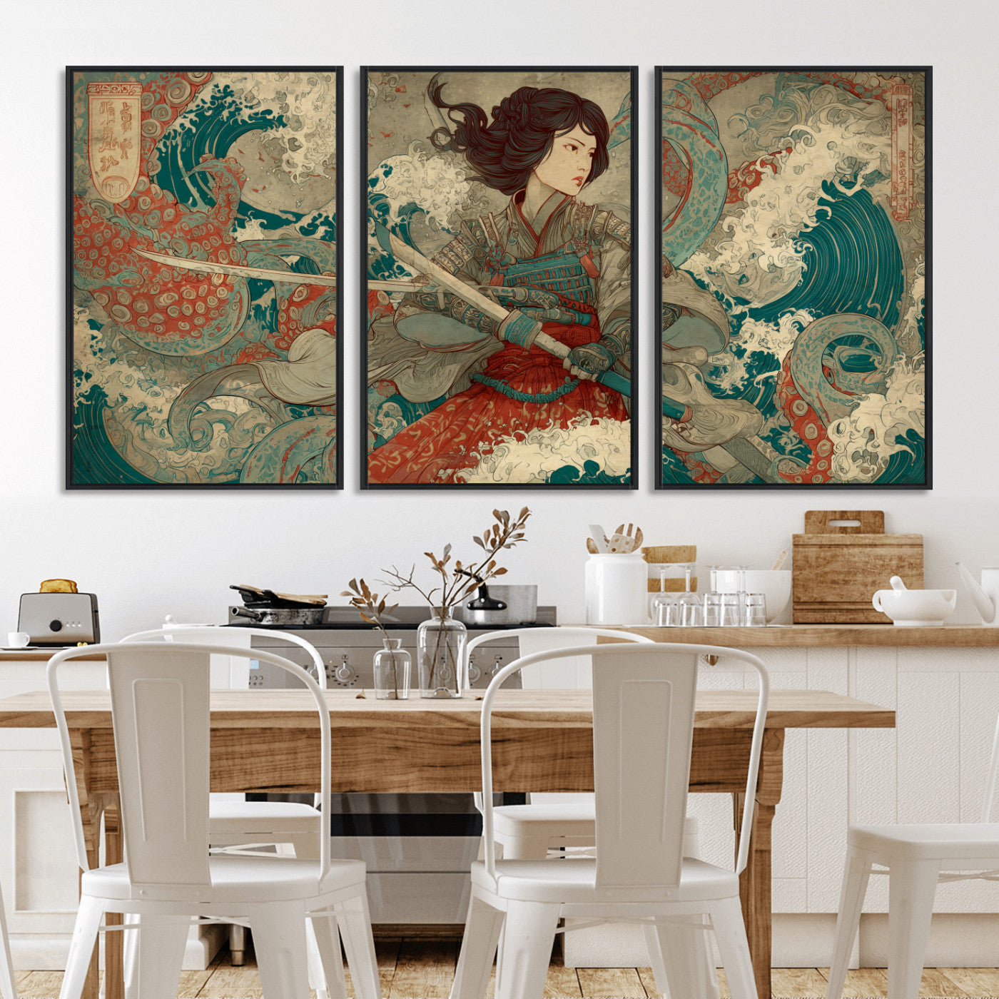 37797255-MGV-CV-36X24-Samurai Woman vs Octopus Wall Art – Japanese Ukiyo-e Red Armor Ocean Battle Canvas Print, Warrior Artwork for Living Room, Office,