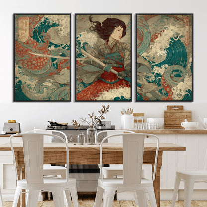 37797255-MGV-CV-36X24-Samurai Woman vs Octopus Wall Art – Japanese Ukiyo-e Red Armor Ocean Battle Canvas Print, Warrior Artwork for Living Room, Office,