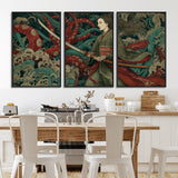 18902796-MGV-CV-36X24-Samurai Woman vs Octopus Wall Art – Japanese Ukiyo-e Green Kimono Canvas Print, Ocean Battle Scene Artwork for Living Room,