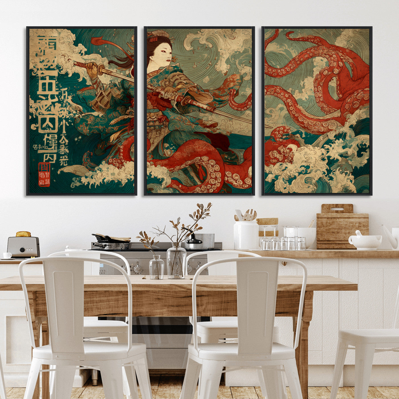 60201267-MGV-CV-36X24-Samurai Woman vs Octopus Wall Art – Japanese Ukiyo-e Armor Canvas Print, Red Tentacle Ocean Battle Artwork for Living Room,