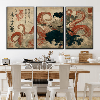82737246-MGV-CV-36X24-Samurai Woman vs Octopus Wall Art – Japanese Ukiyo-e Dual Sword Canvas Print, Red Tentacle Ocean Battle Artwork for Living Room,