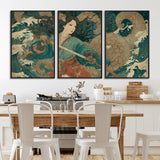 79740258-MGV-FC-60X30-3P_Black-Tsukioka Yoshitoshi Samurai Wall Art Print, Japanese Katana Warrior Canvas Wall Art, Octopus Sea Monster Canvas Print,