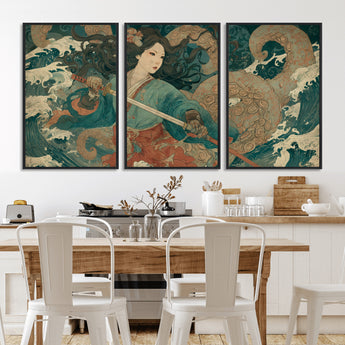 79740258-MGV-FC-60X30-3P_Black-Tsukioka Yoshitoshi Samurai Wall Art Print, Japanese Katana Warrior Canvas Wall Art, Octopus Sea Monster Canvas Print,