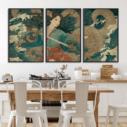 79740258-MGV-FC-60X30-3P_Black-Tsukioka Yoshitoshi Samurai Wall Art Print, Japanese Katana Warrior Canvas Wall Art, Octopus Sea Monster Canvas Print,