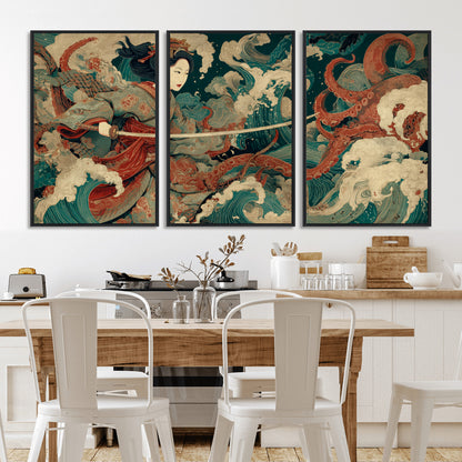 30212982-MGV-CV-36X24-Samurai Woman vs Octopus Wall Art – Japanese Ukiyo-e Style Warrior and Sea Monster Canvas Print, Mythology Inspired Artwork for