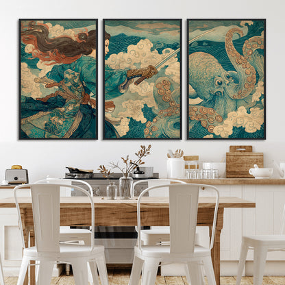 99764195-MGV-CV-36X24-Samurai vs Octopus Wall Art – Japanese Ukiyo-e Style Warrior and Sea Monster Canvas Print, Mythology Inspired Artwork for Living