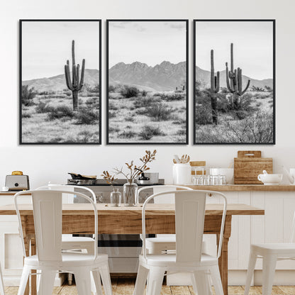 97436PHN-MGV-CV-36X24-Desert Landscape Wall Art – Black and White Cactus and Mountain Canvas Print, Southwestern Nature Photography for Living Room,