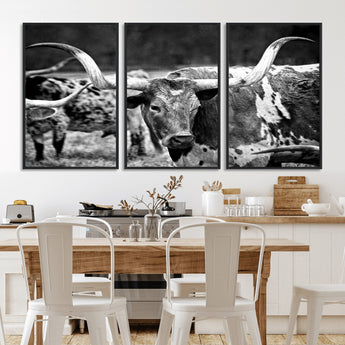 15425553-MGV-FC-60X30-3P_Black-Western Wall Art – Longhorn Cattle Black and White Canvas Print, Rustic Ranch Photography Decor for Bedroom, Living Room, Office,