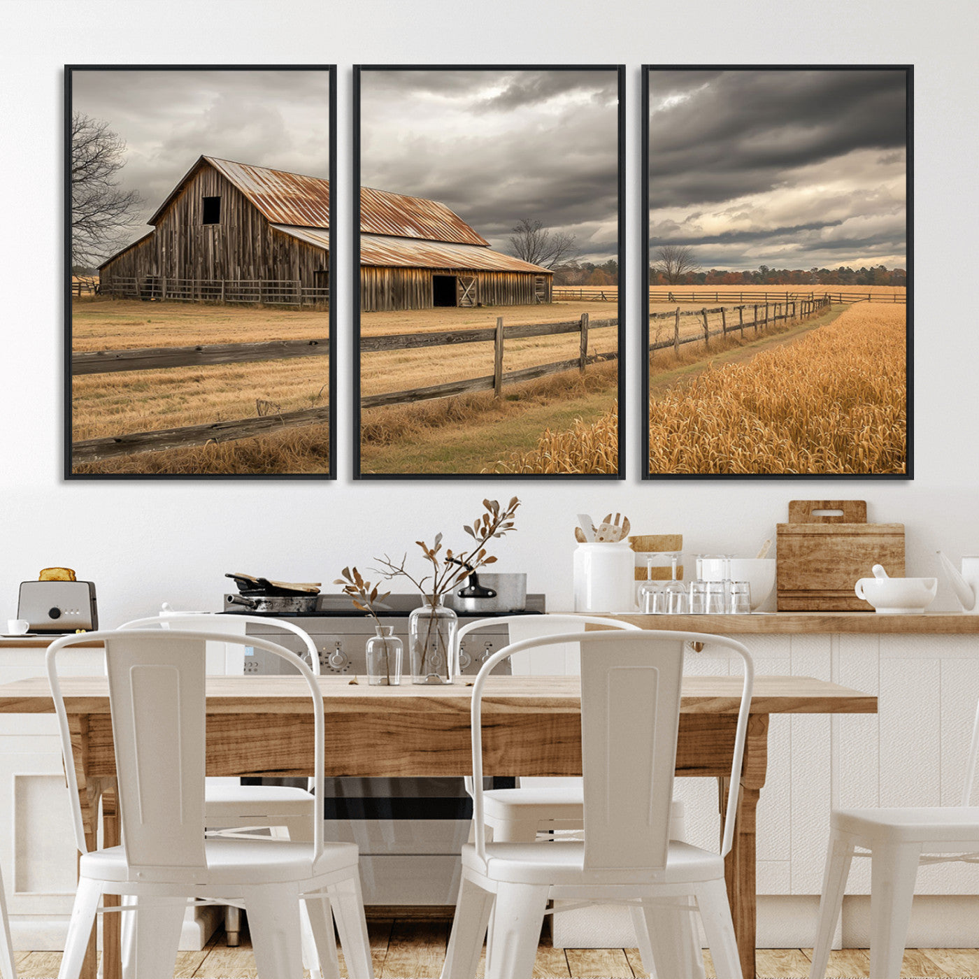 21991117-MGV-CV-36X24-Rustic Barn Wall Art – Weathered Farmhouse Canvas Print, Stormy Sky and Golden Field Photography Decor for Bedroom, Living Room,