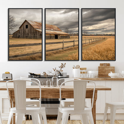 21991117-MGV-CV-36X24-Rustic Barn Wall Art – Weathered Farmhouse Canvas Print, Stormy Sky and Golden Field Photography Decor for Bedroom, Living Room,