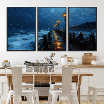 48300530-MGV-FC-60X30-3P_Black-Dark Stormy Pier Canvas Wall Art – Moody Ocean Night Scene with Street Lamps, Blue Coastal Seascape Print for Bedroom, Office, or