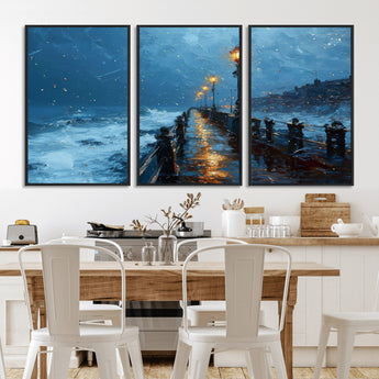 93793246-MGV-CV-36X24-Stormy Night Pier Canvas Wall Art – Moody Ocean Landscape with Lights, Blue Coastal Seascape Print for Bedroom, Living Room,