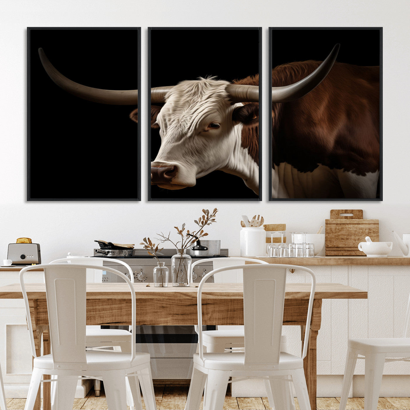 27414857-MGV-FC-60X30-3P_Black-Texas Longhorn Bull Canvas Wall Art – Rustic Western Farmhouse Decor, Brown & White Cow Portrait, Animal Print for Ranch Home
