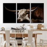 27414857-MGV-FC-60X30-3P_Black-Texas Longhorn Bull Canvas Wall Art – Rustic Western Farmhouse Decor, Brown & White Cow Portrait, Animal Print for Ranch Home