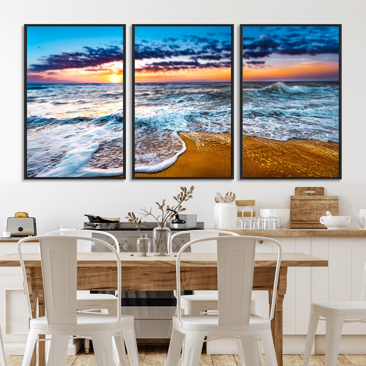 24077769-MGV-FC-60X30-3P_Black-Sunset Beach Wall Art – Ocean Waves Canvas Print, Golden Shoreline Photography Coastal Decor for Living Room, Bedroom, Office,