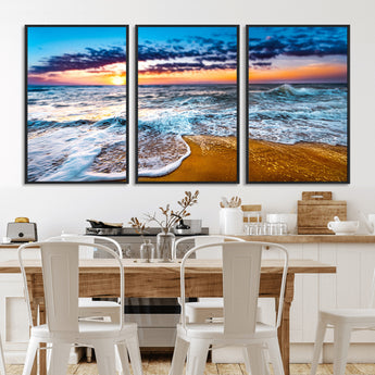 24077769-MGV-FC-60X30-3P_Black-Sunset Beach Wall Art – Ocean Waves Canvas Print, Golden Shoreline Photography Coastal Decor for Living Room, Bedroom, Office,