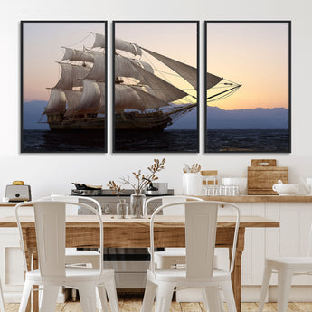 99957679-MGV-CV-36X24-Majestic Sailing Ship Wall Art – Sunset Ocean Voyage, Classic Tall Ship with Wind Filled Sails Canvas Print for Home, Office,