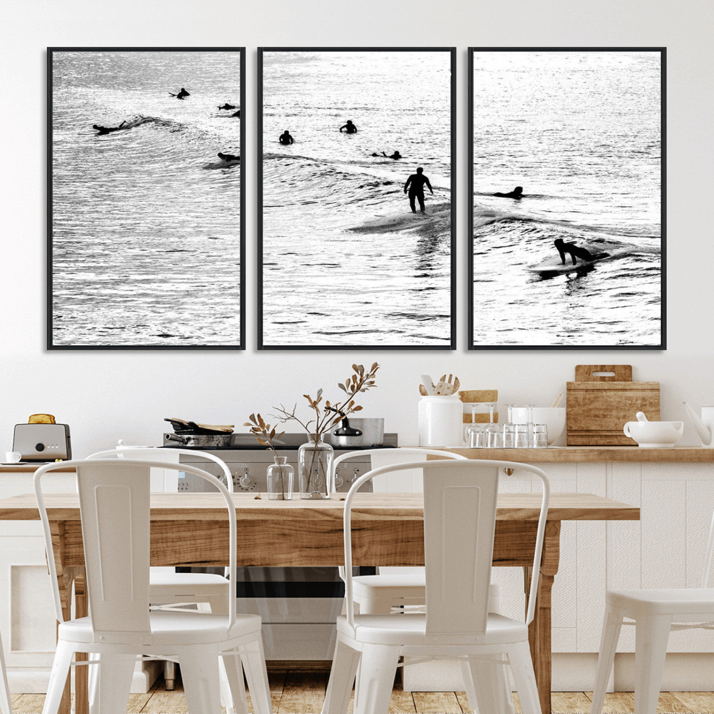 68018616-MGV-CV-36X24-Black and White Surf Photography Print – Minimalist Ocean Wall Art, Surfers Riding Waves, Coastal Beach Decor for Modern Home or