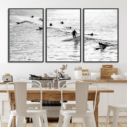 68018616-MGV-CV-36X24-Black and White Surf Photography Print – Minimalist Ocean Wall Art, Surfers Riding Waves, Coastal Beach Decor for Modern Home or