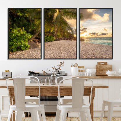 89531159-MGV-CV-36X24-Tropical Beach Sunset Canvas Wall Art – Palm Trees Golden Sand Ocean Waves Coastal Paradise Print for Beach House Bedroom Bathroom