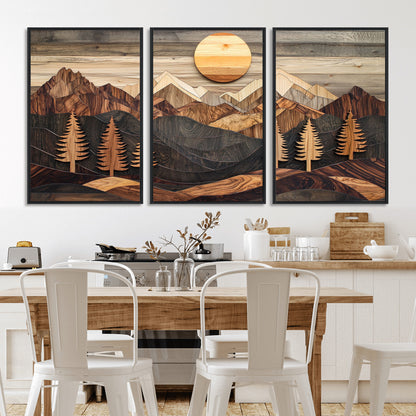 90044381-MGV-CV-36X24-Rustic Wall Art – Wooden Mountain Landscape with Sun and Pine Trees, Handcrafted Nature Canvas Style Decor for Bedroom, Living