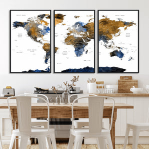 MGV-FC-60X30-3P - World Map Wall Art Canvas Print, Framed Blue Gold Map Art Picture Print, Rustic Atlas Perfect Rustic Modern Decor Artwork