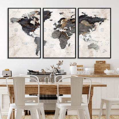 MGV-FC-60X30-3P - World Map Wall Art Canvas Print, Framed Rustic Map Art Picture Print, Antique Map Perfect Rustic Explorer Decor Artwork