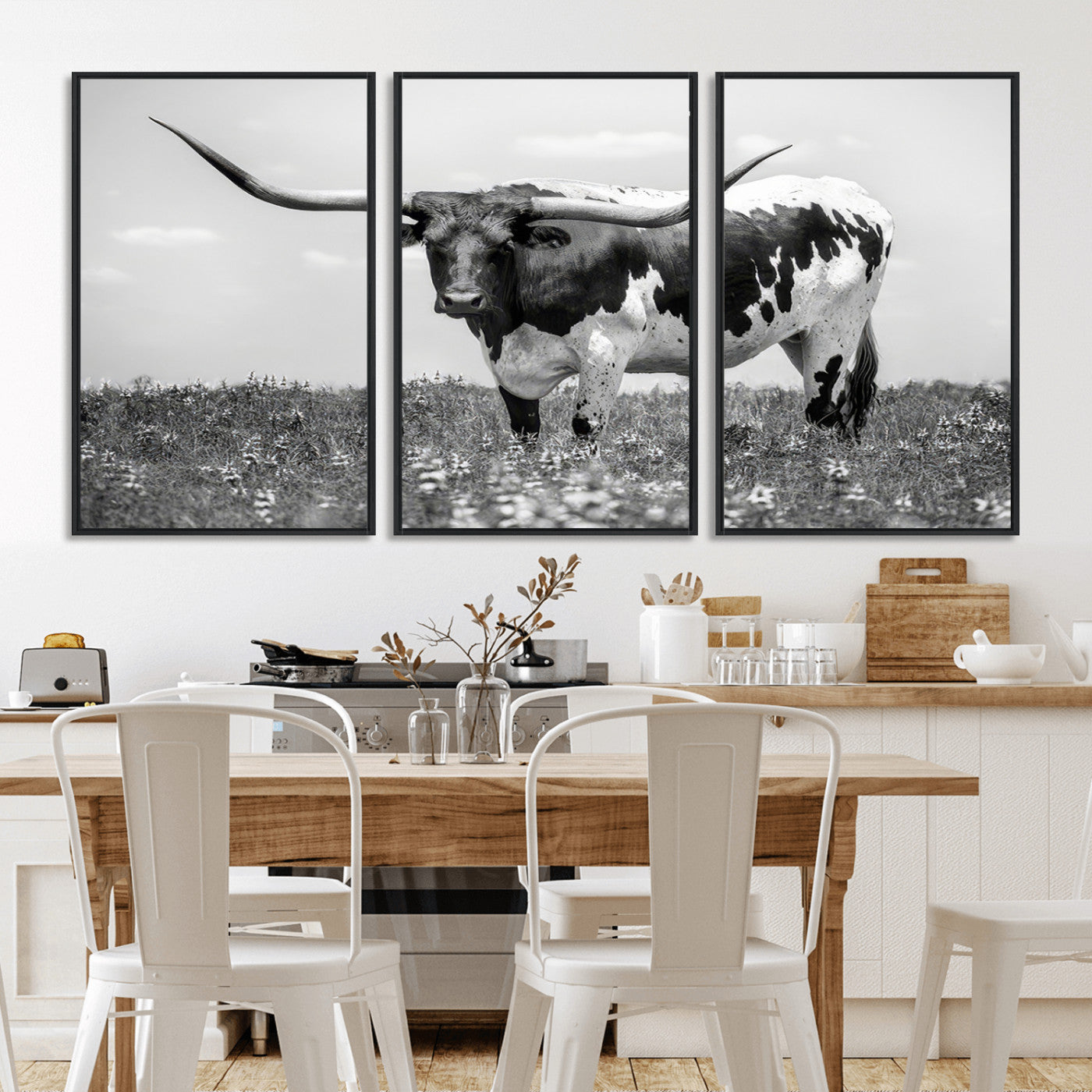 83785-MGV-FC-60X30-3P_Black-Texas Longhorn Wall Art Canvas Print, Framed Horned Bull Art Picture Print, Monochrome Cattle Perfect Rustic Western Decor Artwork