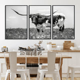 83785-MGV-FC-60X30-3P_Black-Texas Longhorn Wall Art Canvas Print, Framed Horned Bull Art Picture Print, Monochrome Cattle Perfect Rustic Western Decor Artwork