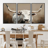 63550-MGV-CV-36X24-Texas Longhorn Wall Art Canvas Print, Framed White Bull Art Picture Print, Horned Cattle Perfect Rustic Western Decor Artwork