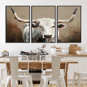 63550-MGV-CV-36X24-Texas Longhorn Wall Art Canvas Print, Framed White Bull Art Picture Print, Horned Cattle Perfect Rustic Western Decor Artwork