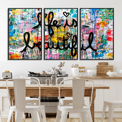 36856-MGV-FC-60X30-3P_Black-Life Is Beautiful Wall Art – Colorful Graffiti Canvas Print, Modern Street Style Artwork, Inspirational Decor for Living Room,