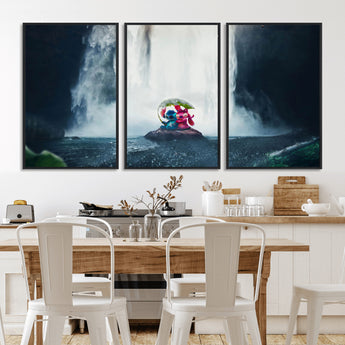 32259-MGV-FC-60X30-3P_Black-Stitch Angel Wall Art Canvas Print, Framed Stitch Waterfall Art Picture Print, Cartoon Couple Perfect Moody Fantasy Decor Artwork