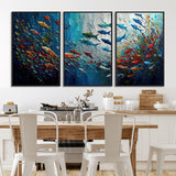 89626-MGV-FC-60X30-3P_Black-Fish Swarm Wall Art Canvas Print, Framed Abstract Ocean Art Picture Print, Underwater Life Perfect Vibrant Coastal Decor Artwork