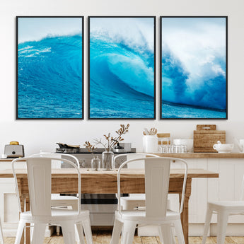 15566-MGV-FC-60X30-3P_Black-Ocean Wave Wall Art Canvas Print, Framed Curling Wave Art Picture Print, Vibrant Surf Wave Perfect Coastal Surf Decor Artwork