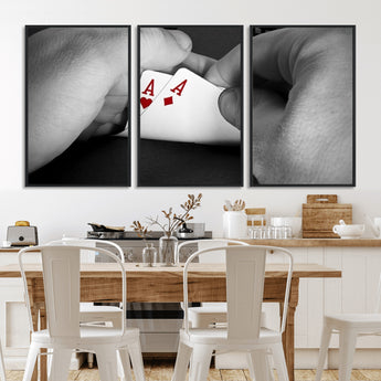 62460-MGV-CV-36X24-Poker Game Wall Art – Close Up of Hands Holding Aces with Chips, Casino Style Decor for Game Room, Man Cave or Office