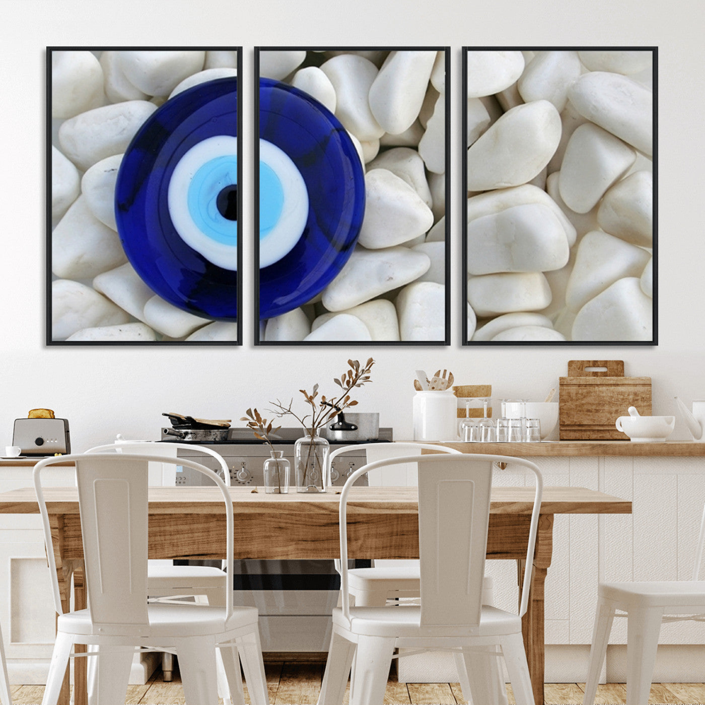 48883-MGV-FC-60X30-3P_Black-Evil Eye Wall Art – Deep Blue Symbol of Presence and Calm on White Stones, Subtle Spiritual Decor for Entryway, Studio, Office or